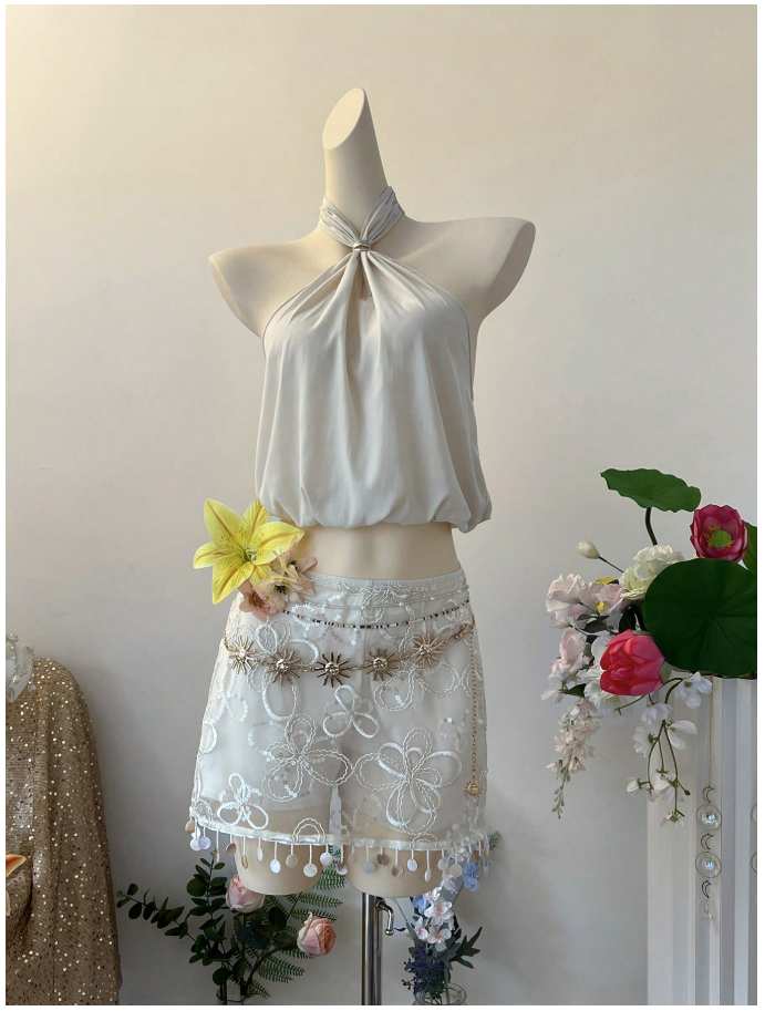 Crop top albaricoque halter espalda descubierta - 6140