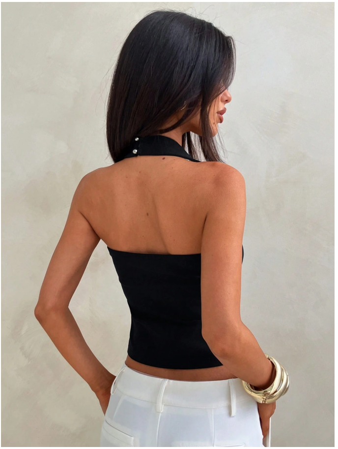 Crop top negro halter sin mangas - 6143