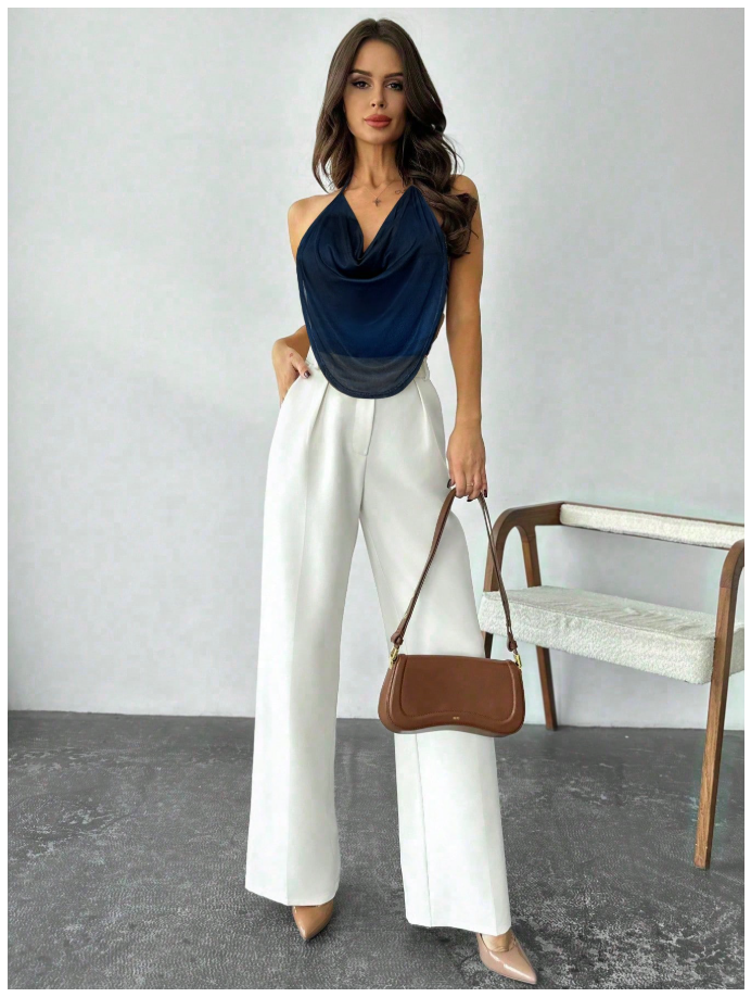 Crop top azul marino halter escote profundo - 6144