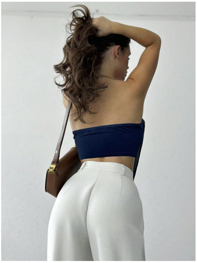 Crop top azul marino halter escote profundo - 6144