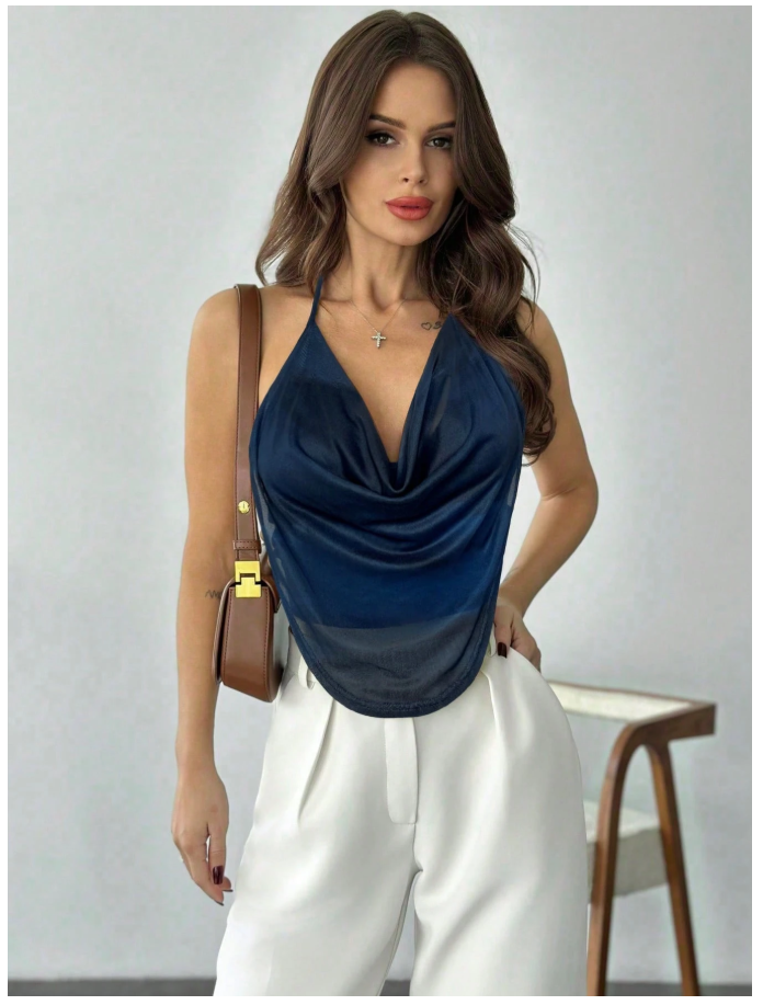 Crop top azul marino halter escote profundo - 6144