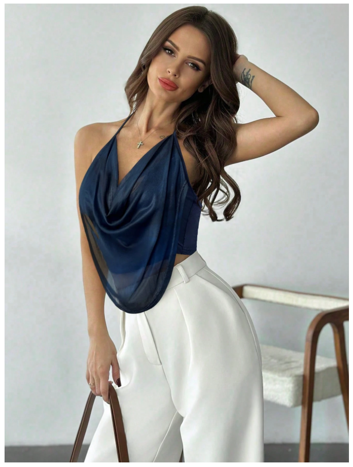 Crop top azul marino halter escote profundo - 6144