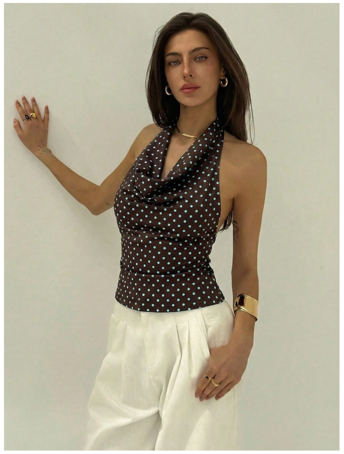 Crop top marrón lunares celestes halter escote profundo - 6145