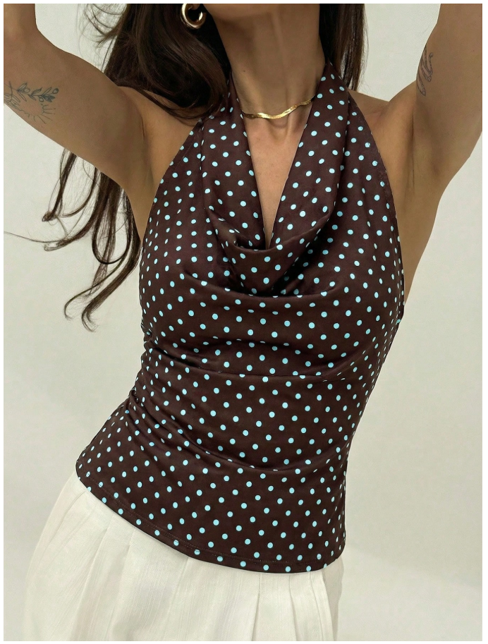 Crop top marrón lunares celestes halter escote profundo - 6145