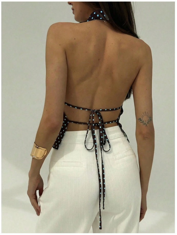 Crop top marrón lunares celestes halter escote profundo - 6145