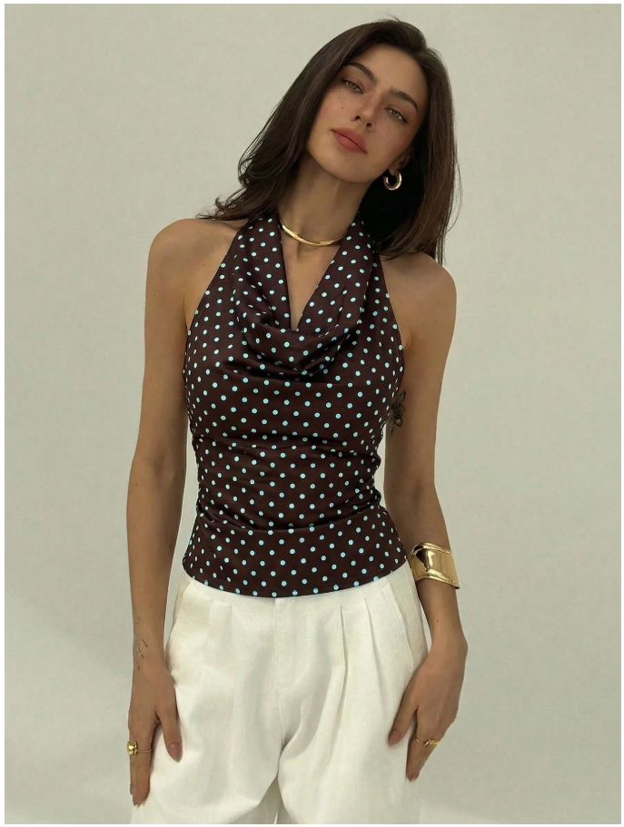 Crop top marrón lunares celestes halter escote profundo - 6145