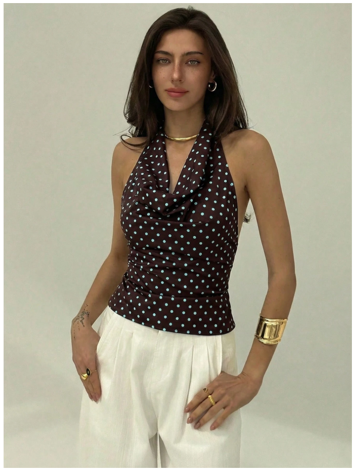 Crop top marrón lunares celestes halter escote profundo - 6145
