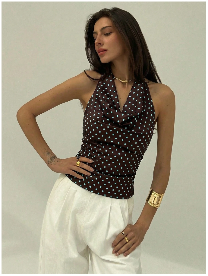 Crop top marrón lunares celestes halter escote profundo - 6145