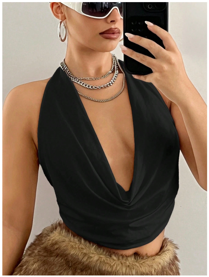Crop top negro halter escote drapeado - 6149
