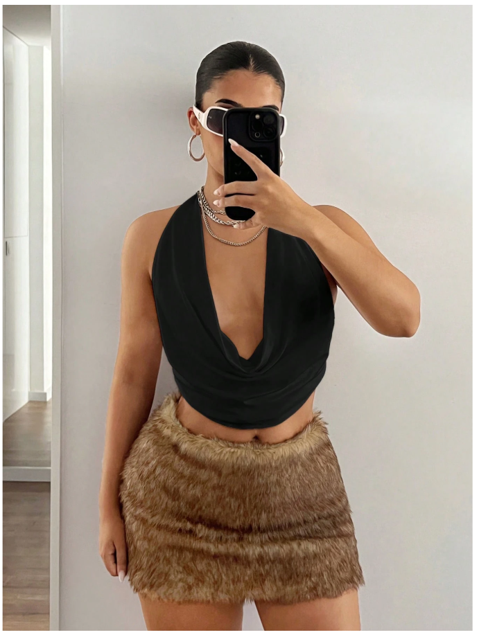 Crop top negro halter escote drapeado - 6149