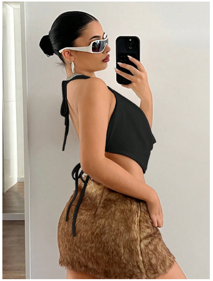 Crop top negro halter escote drapeado - 6149