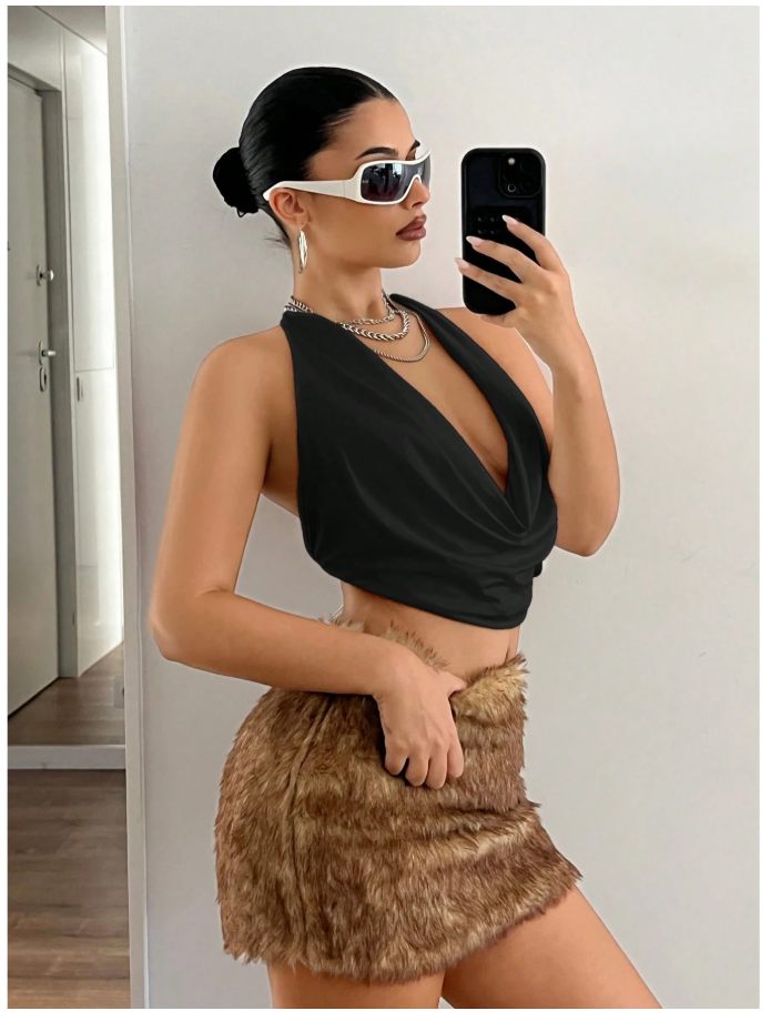 Crop top negro halter escote drapeado - 6149