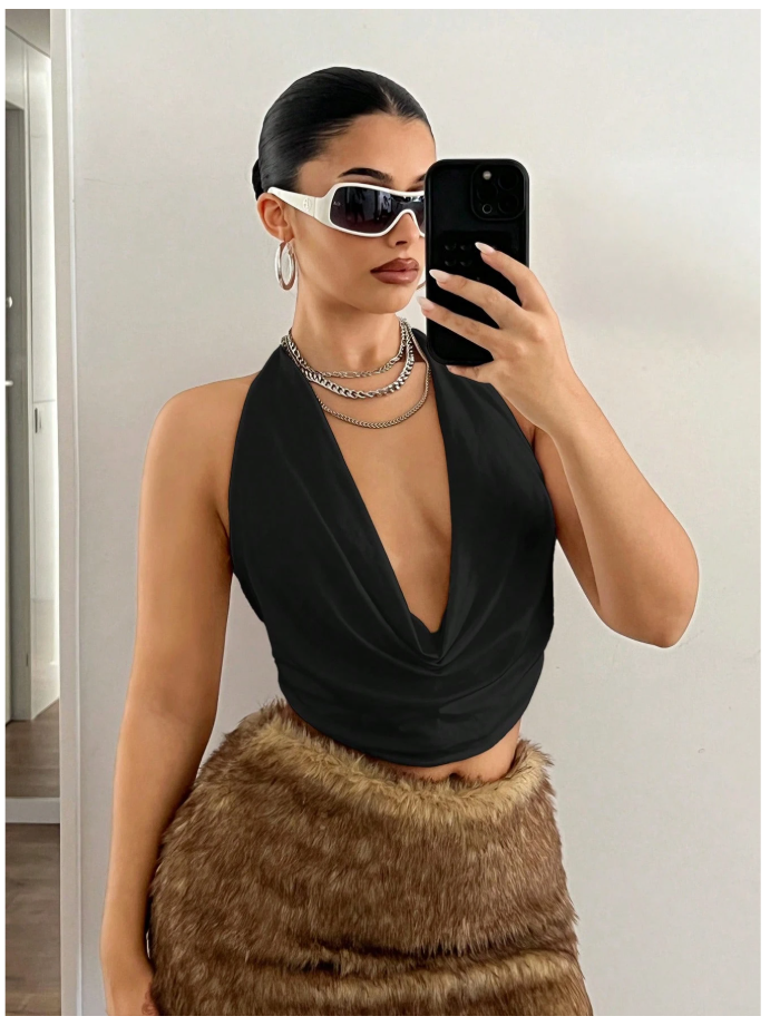 Crop top negro halter escote drapeado - 6149