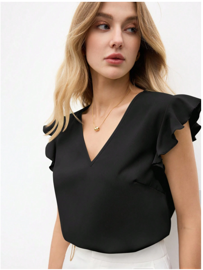 Camisa negra cuello V manga con volantes - 6151