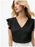 Camisa negra cuello V manga con volantes - 6151