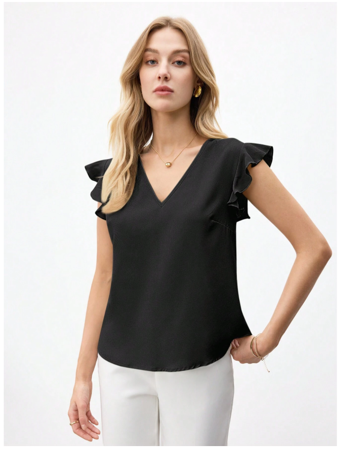 Camisa negra cuello V manga con volantes - 6151