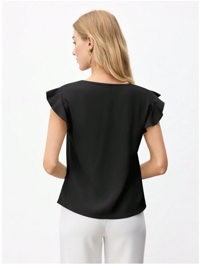 Camisa negra cuello V manga con volantes - 6151