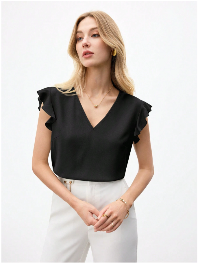 Camisa negra cuello V manga con volantes - 6151