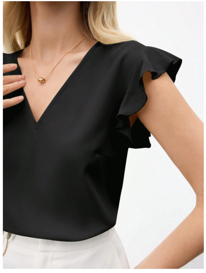 Camisa negra cuello V manga con volantes - 6151