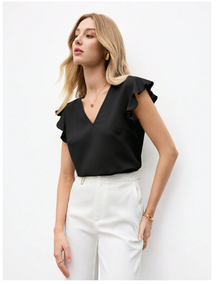 Camisa negra cuello V manga con volantes - 6151