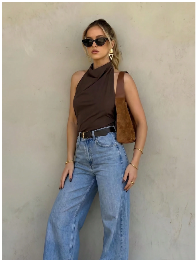 Camisa marrón cuello alto halter espalda descubierta - 6153
