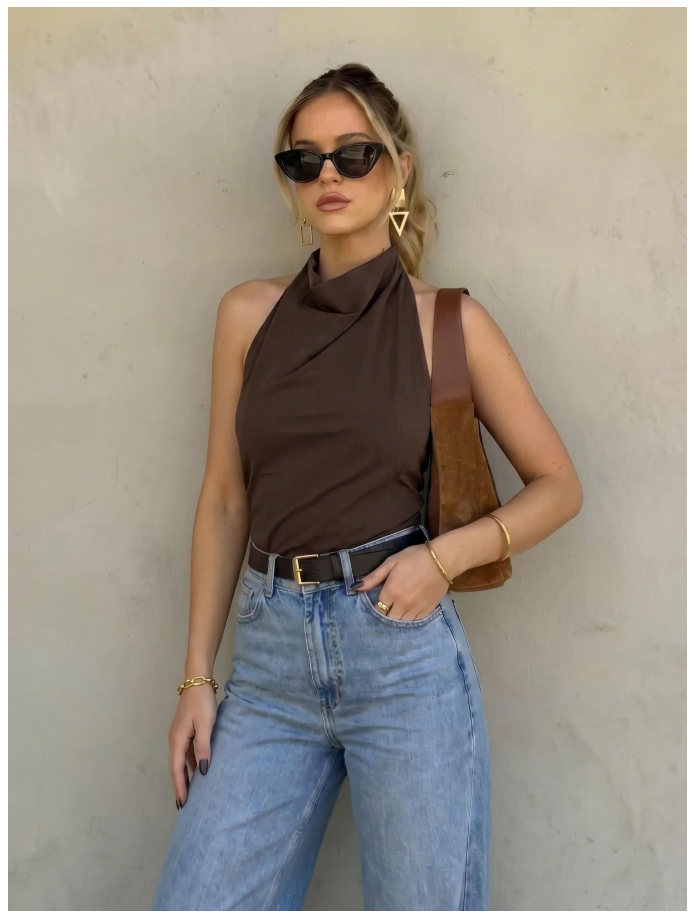 Camisa marrón cuello alto halter espalda descubierta - 6153