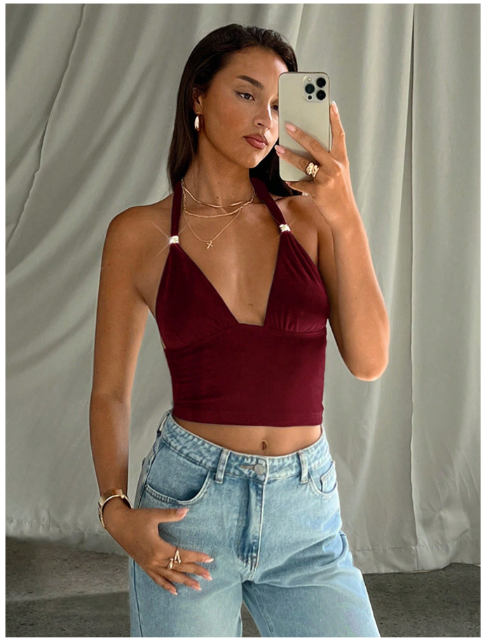 Crop top burdeos halter detalle brillante en tirantes - 6156