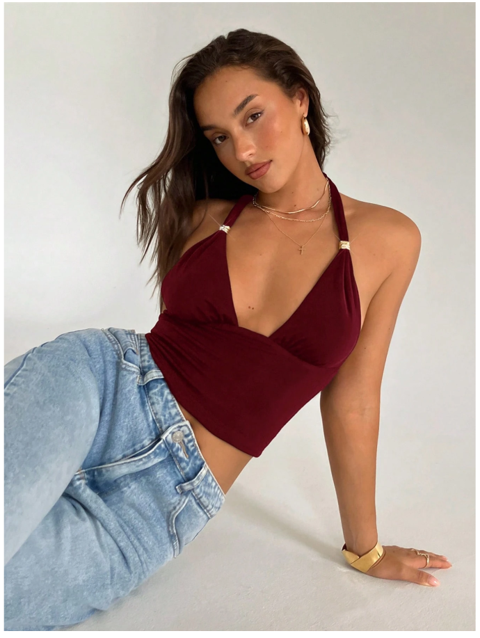 Crop top burdeos halter detalle brillante en tirantes - 6156