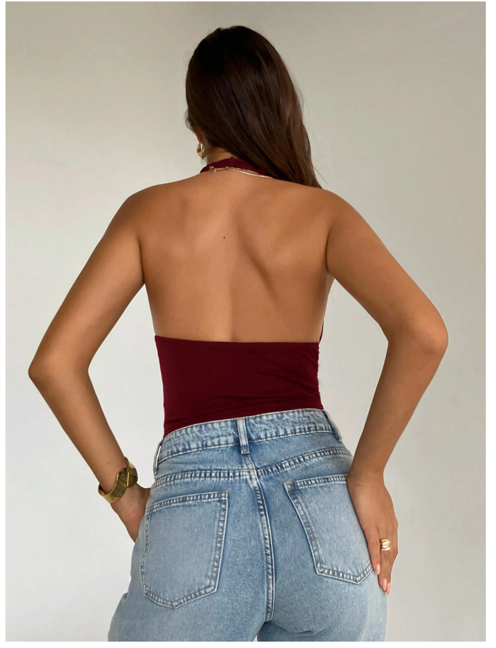 Crop top burdeos halter detalle brillante en tirantes - 6156