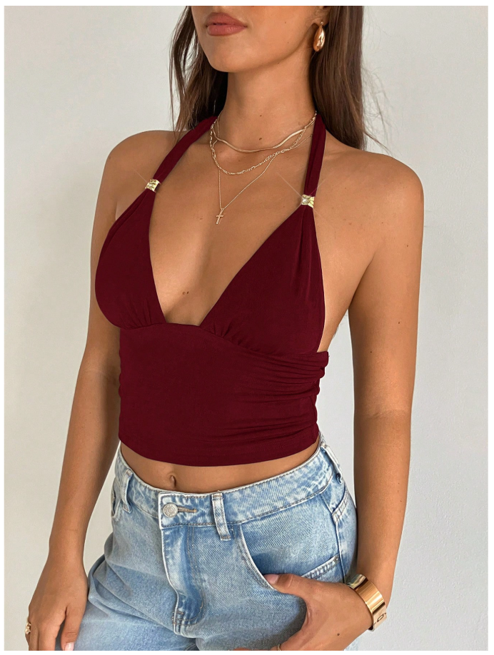 Crop top burdeos halter detalle brillante en tirantes - 6156