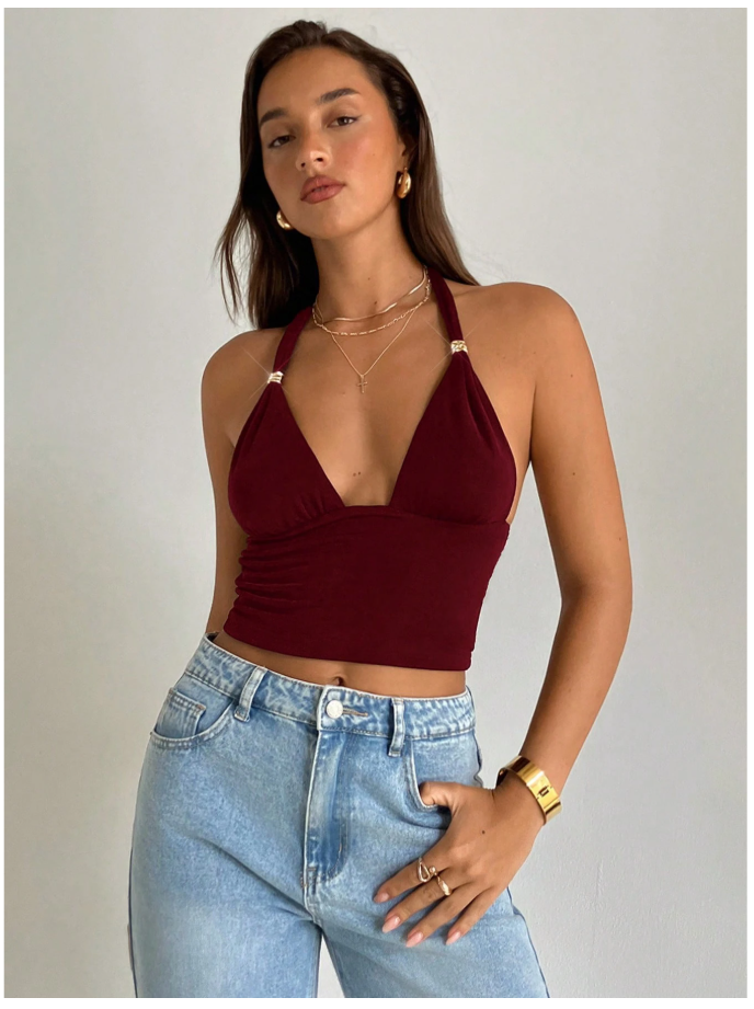 Crop top burdeos halter detalle brillante en tirantes - 6156