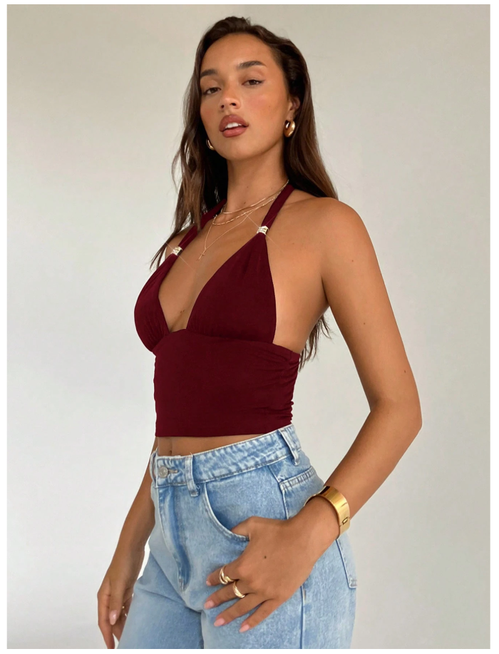 Crop top burdeos halter detalle brillante en tirantes - 6156