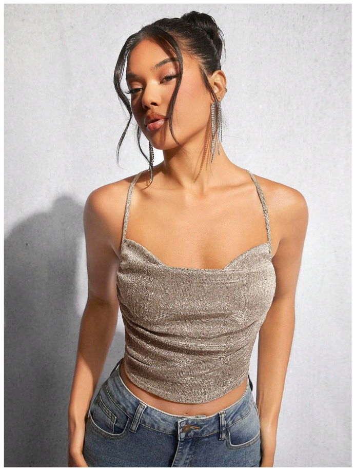 Crop top champán brillantes tirantes cruzados en espalda - 6159