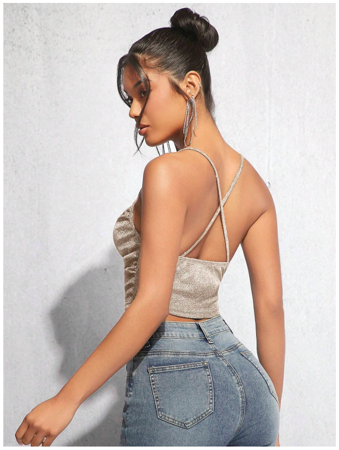Crop top champán brillantes tirantes cruzados en espalda - 6159