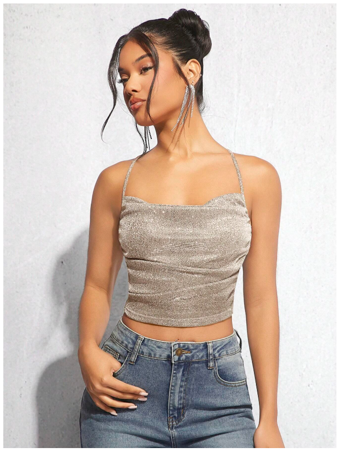 Crop top champán brillantes tirantes cruzados en espalda - 6159