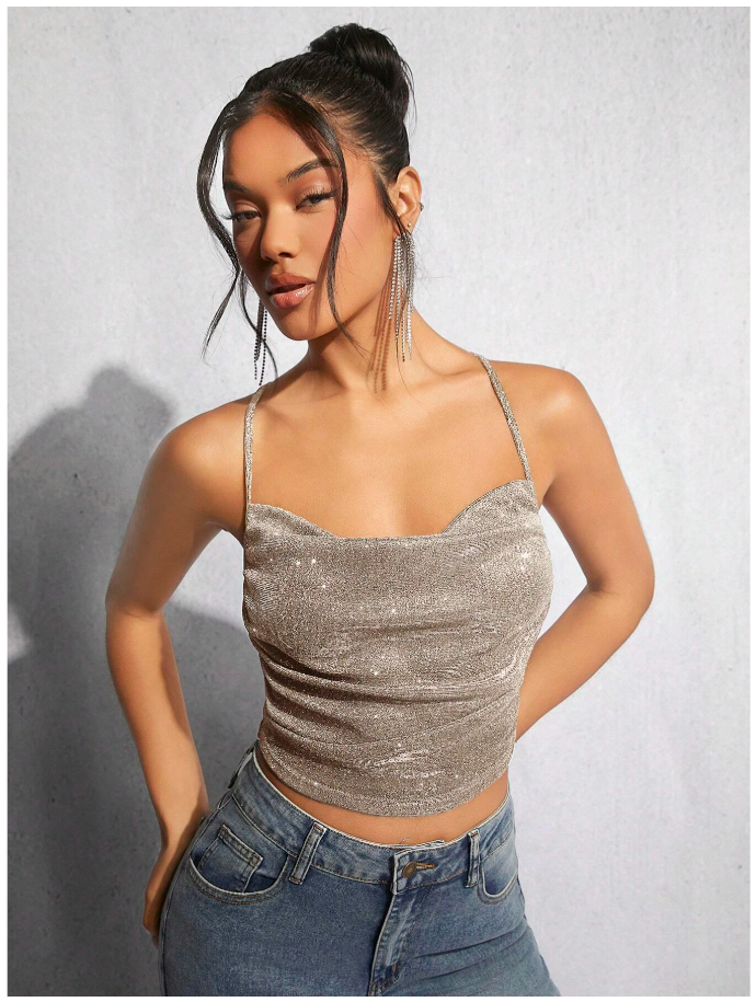 Crop top champán brillantes tirantes cruzados en espalda - 6159