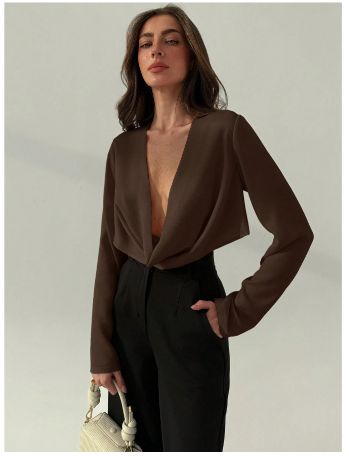 Camisa marrón manga larga cuello V profundo - 6160