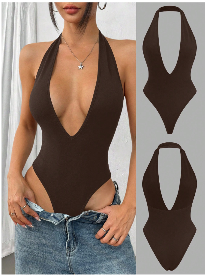 Bodysuit marrón halter cuello V profundo - 6161