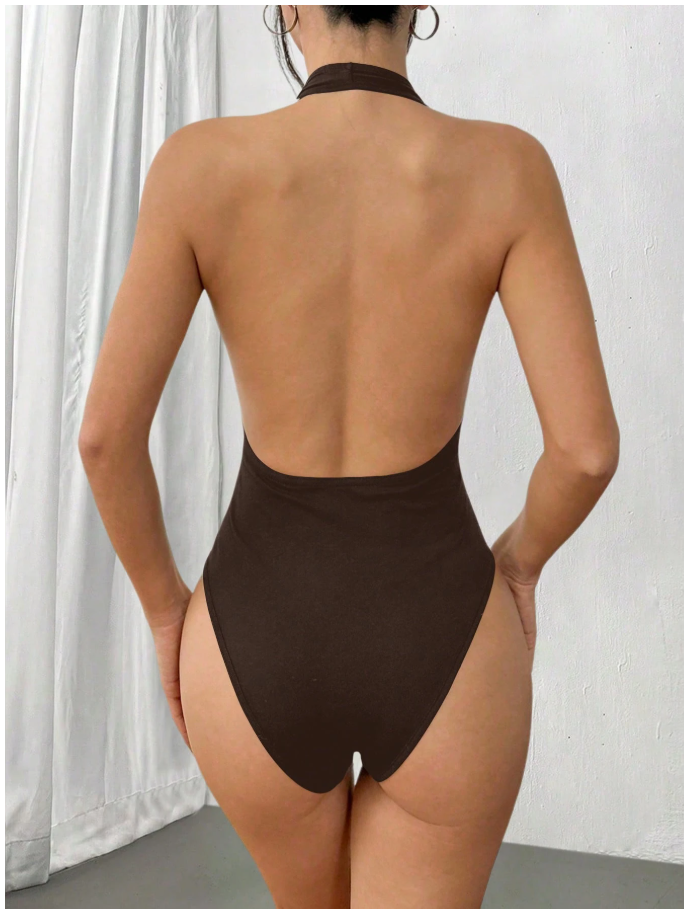 Bodysuit marrón halter cuello V profundo - 6161