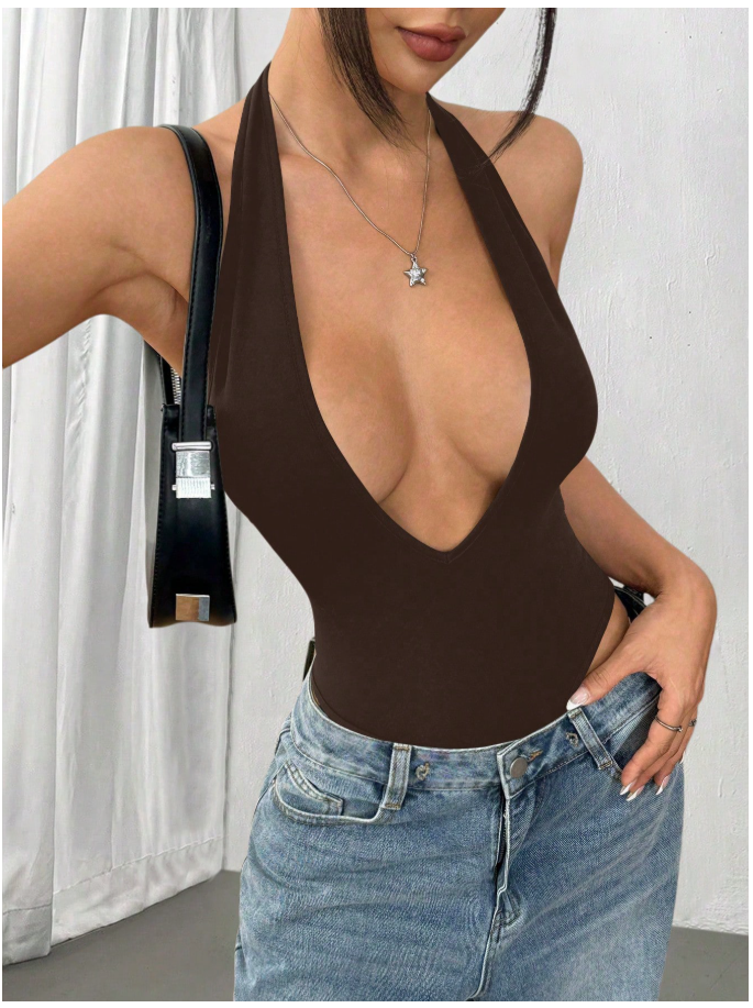 Bodysuit marrón halter cuello V profundo - 6161