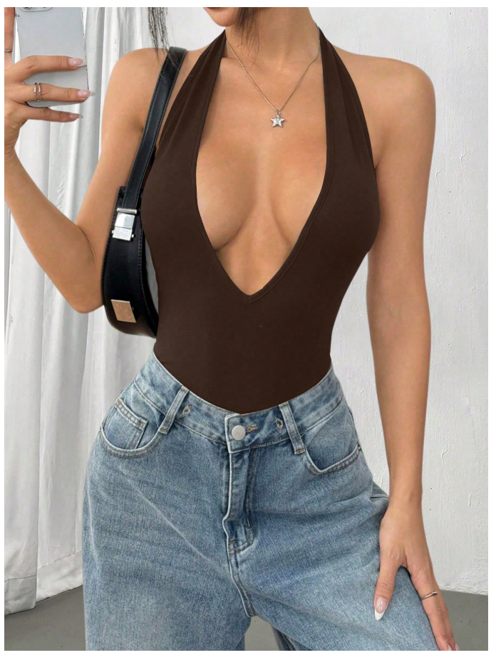 Bodysuit marrón halter cuello V profundo - 6161