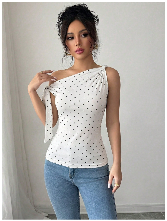 Camisa blanca lunares negros un hombro con lazo - 6166