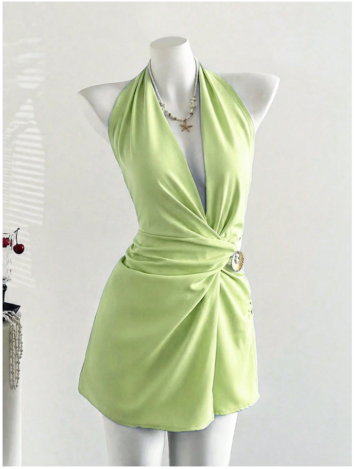 Vestido verde claro halter con detalle dorado - 6183