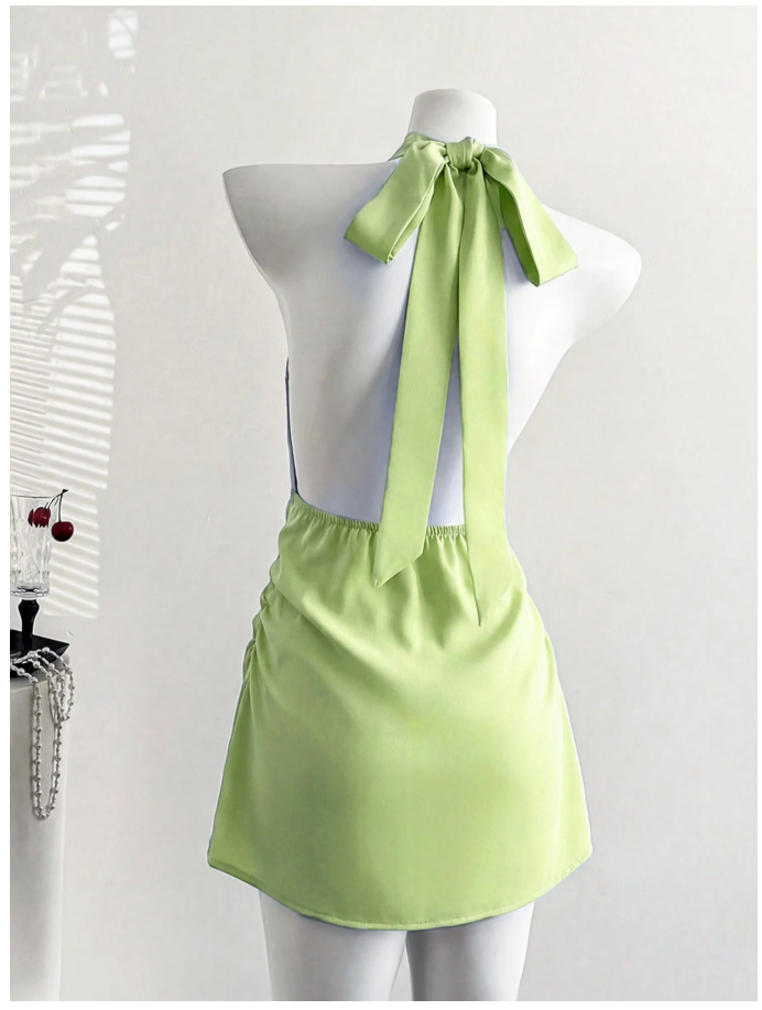 Vestido verde claro halter con detalle dorado - 6183
