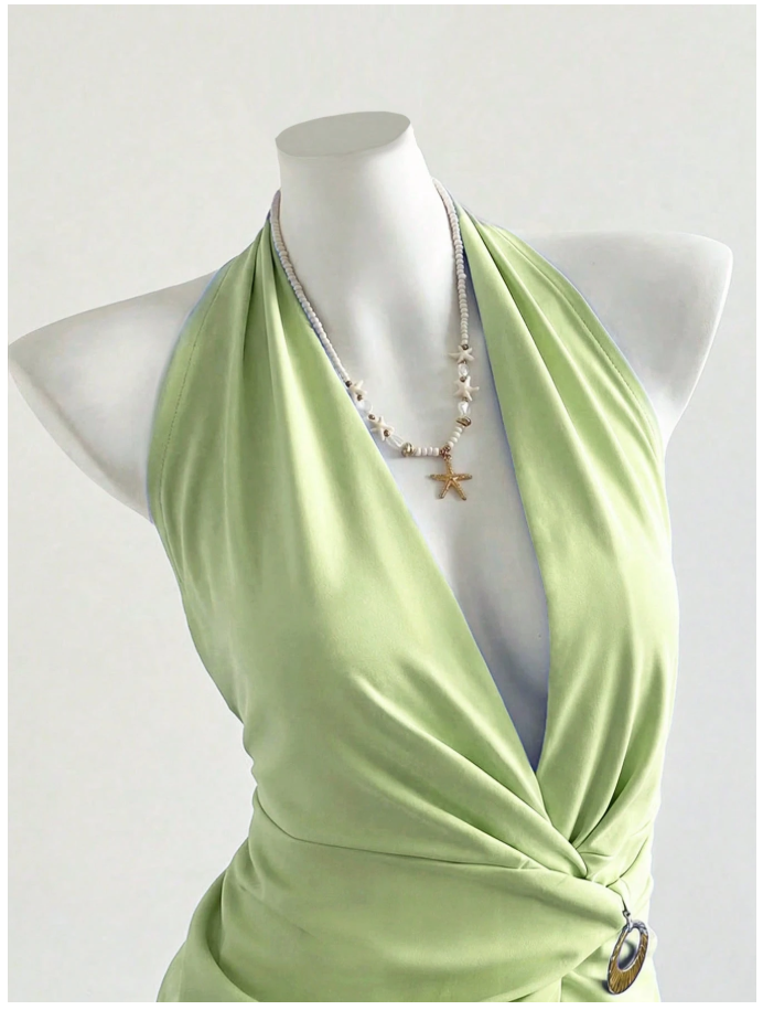 Vestido verde claro halter con detalle dorado - 6183