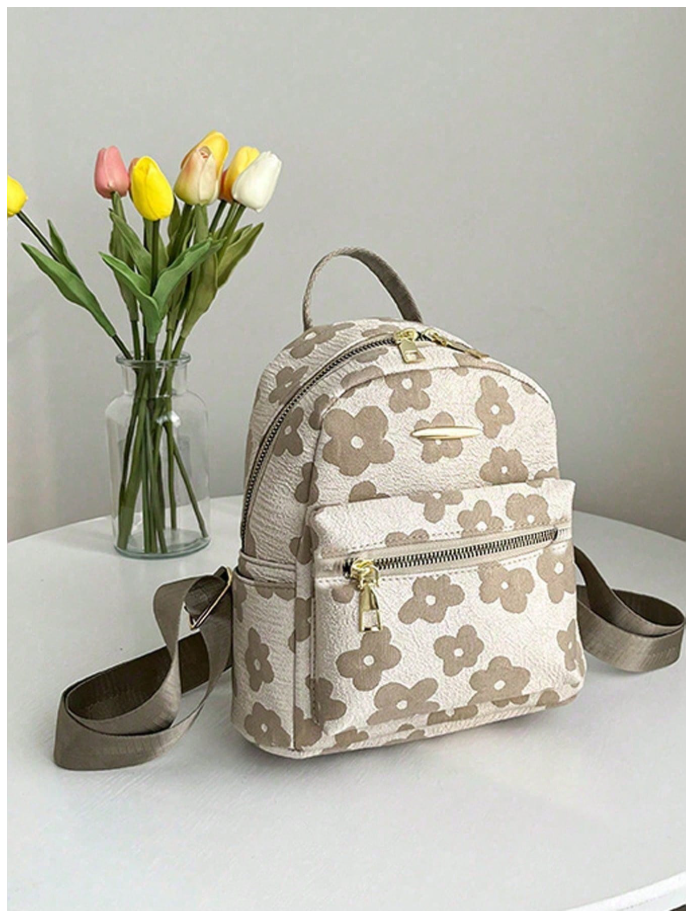 Mochila mini caqui estampada flores - 6186
