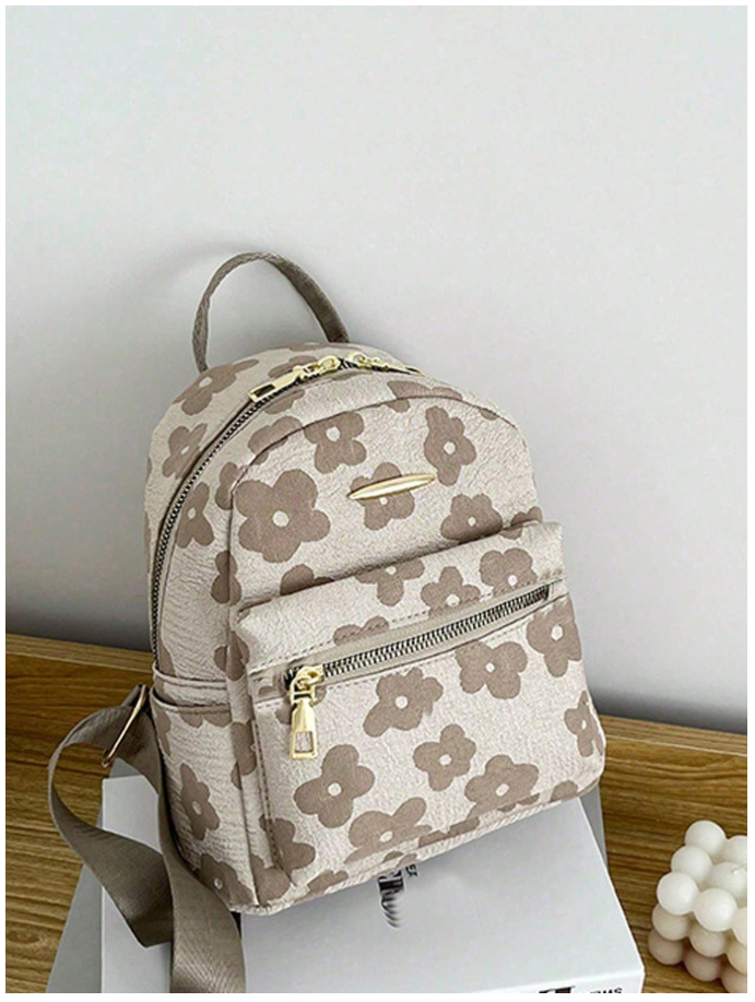 Mochila mini caqui estampada flores - 6186