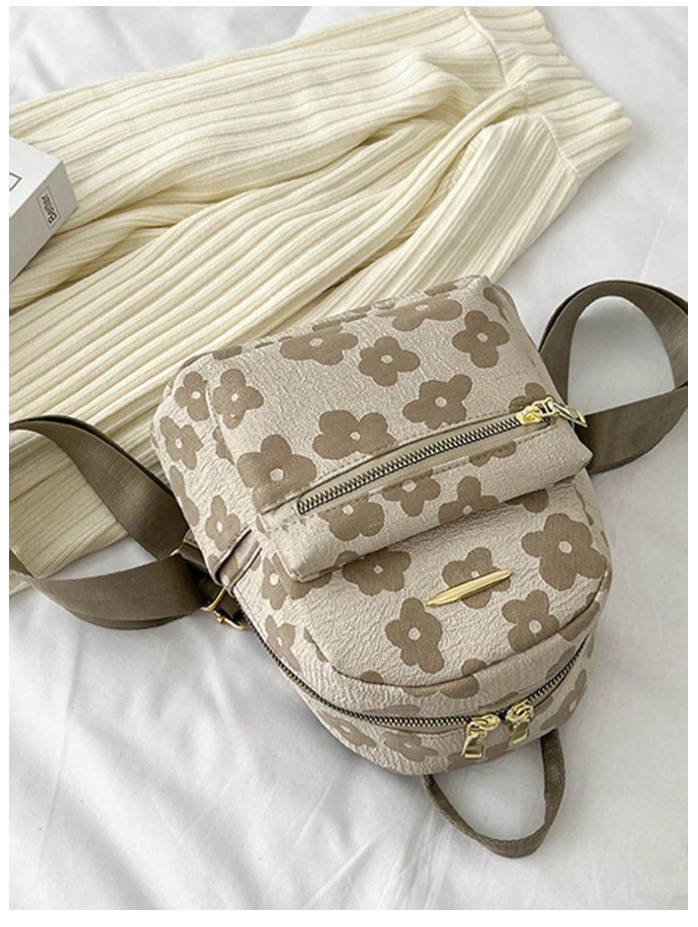 Mochila mini caqui estampada flores - 6186