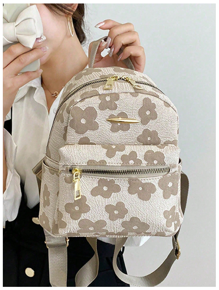 Mochila mini caqui estampada flores - 6186