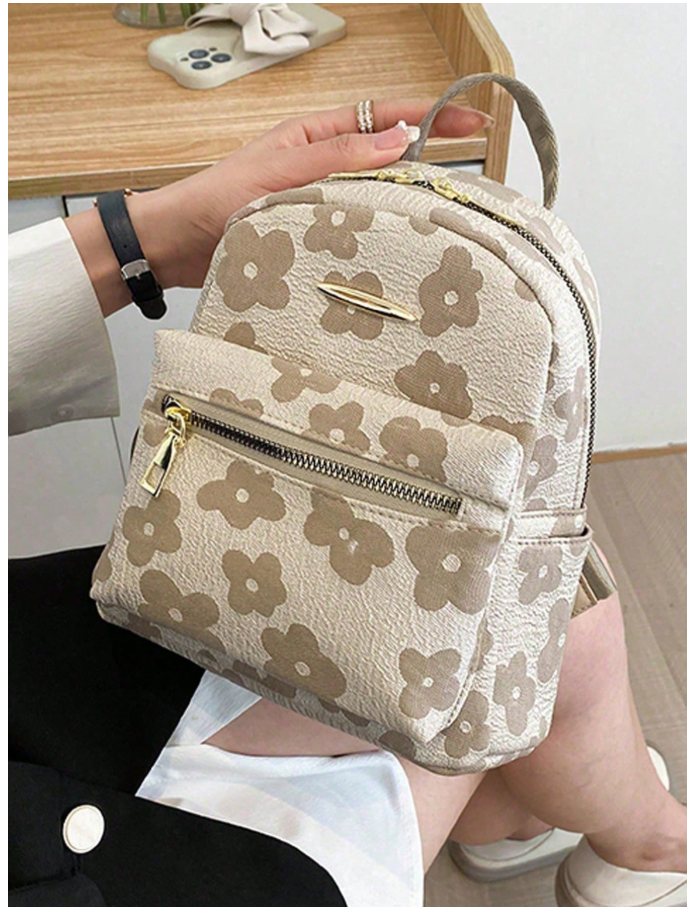 Mochila mini caqui estampada flores - 6186